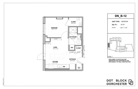 Floor plan for 1 bed, 1 bath, 521 sqft